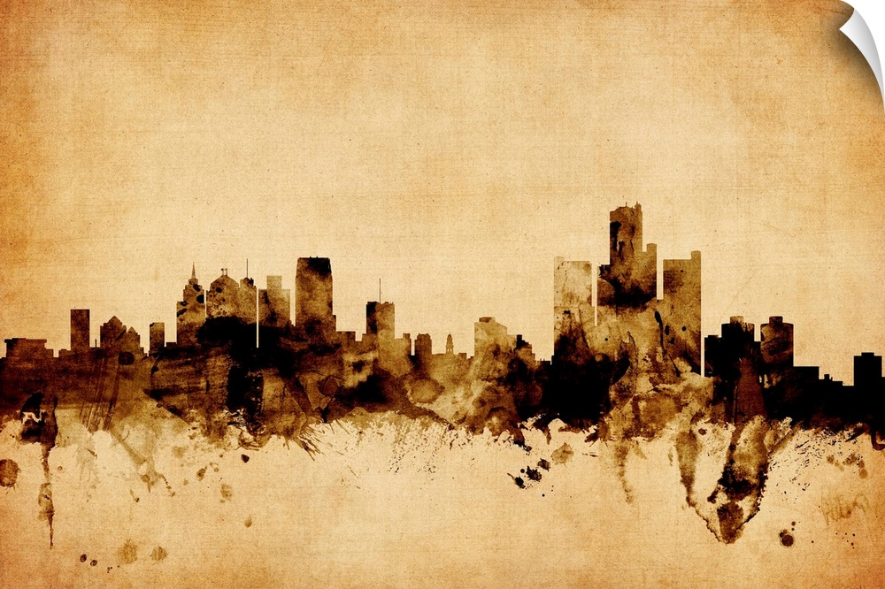 Contemporary artwork of the Detroit city skyline in a vintage distressed look.