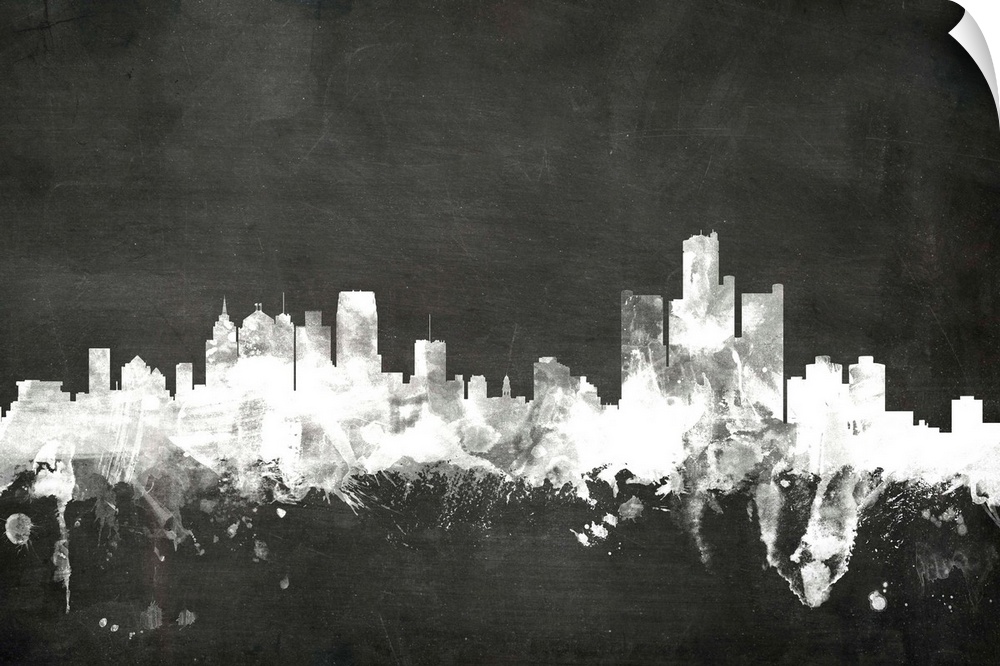 Smokey dark watercolor silhouette of the Detroit city skyline against chalkboard background.