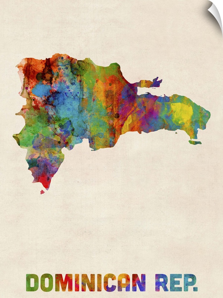 Colorful watercolor art map of Dominican Republic against a distressed background.