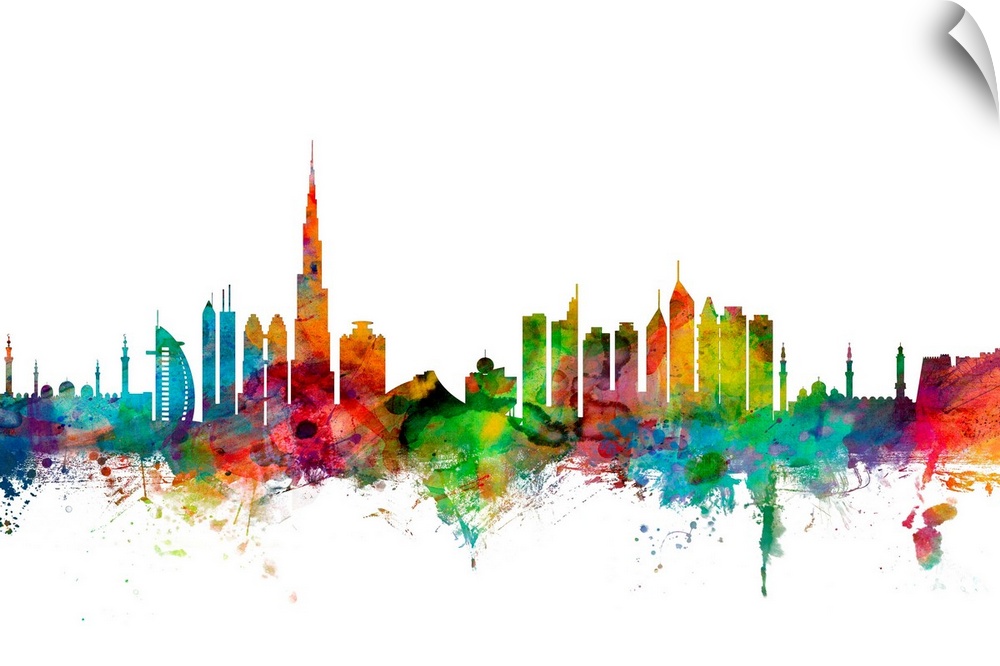 Watercolor artwork of the Dubai skyline against a white background.