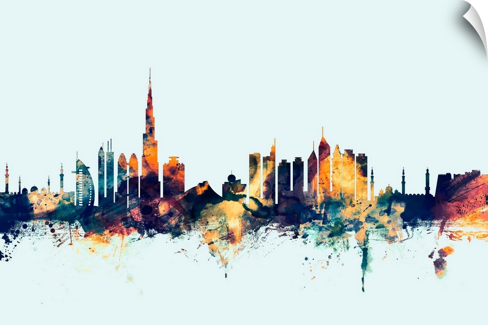 Dark watercolor silhouette of the Dubai city skyline against a light blue background.