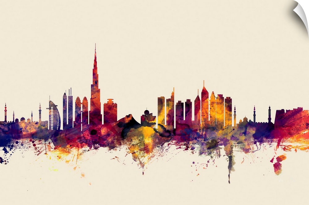 Dark watercolor splattered silhouette of the Dubai city skyline.