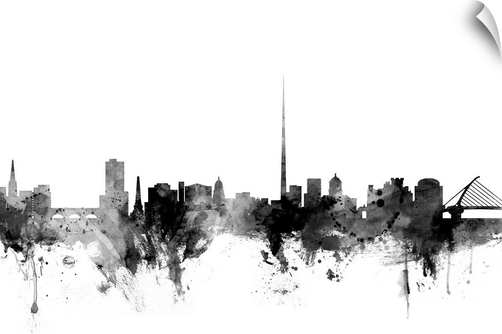 Contemporary artwork of the Dublin city skyline in black watercolor paint splashes.