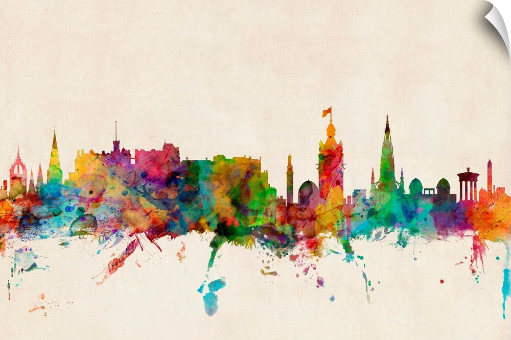 Contemporary piece of artwork of the Edinburgh, Scotland skyline made of colorful paint splashes.