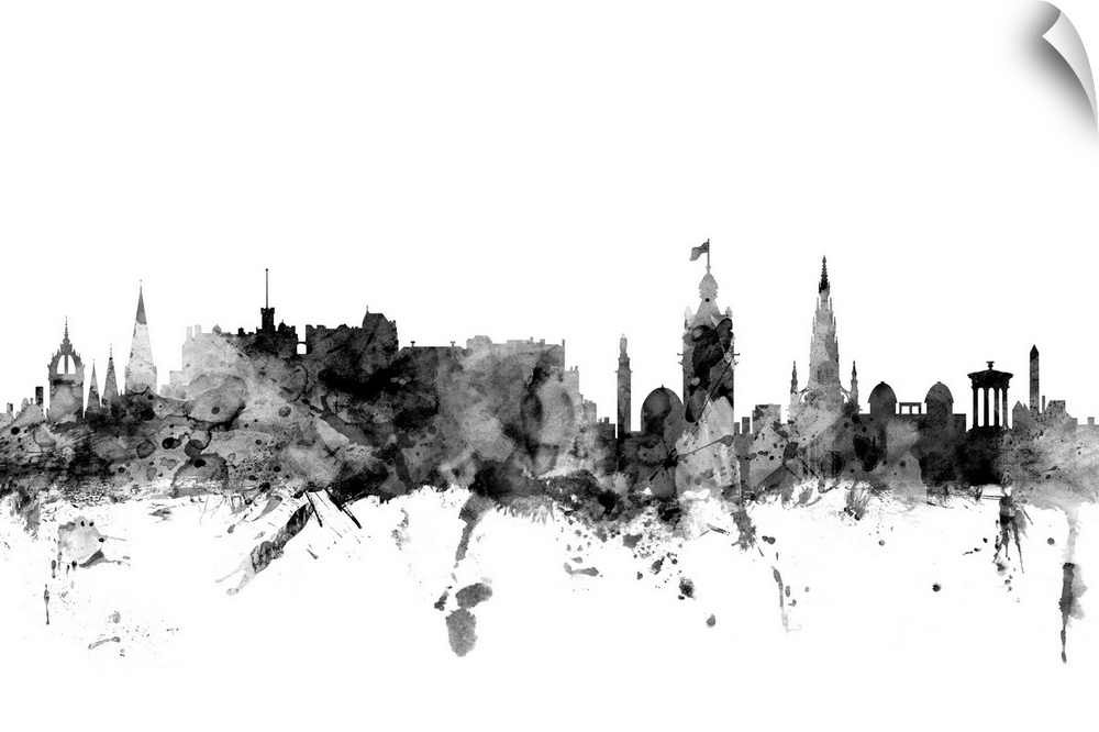 Contemporary artwork of the Edinburgh city skyline in black watercolor paint splashes.