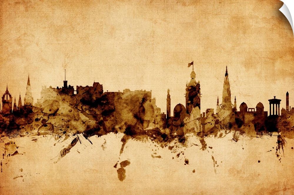 Contemporary artwork of the Edinburgh city skyline in a vintage distressed look.