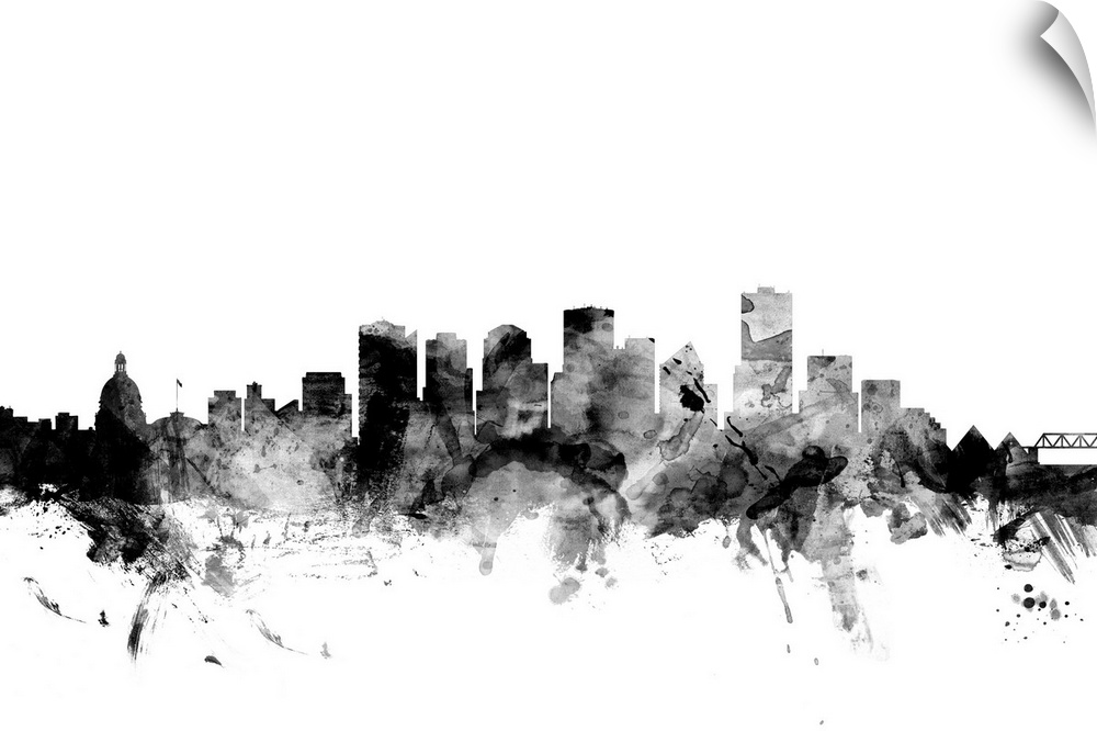 Contemporary artwork of the Edmonton city skyline in black watercolor paint splashes.