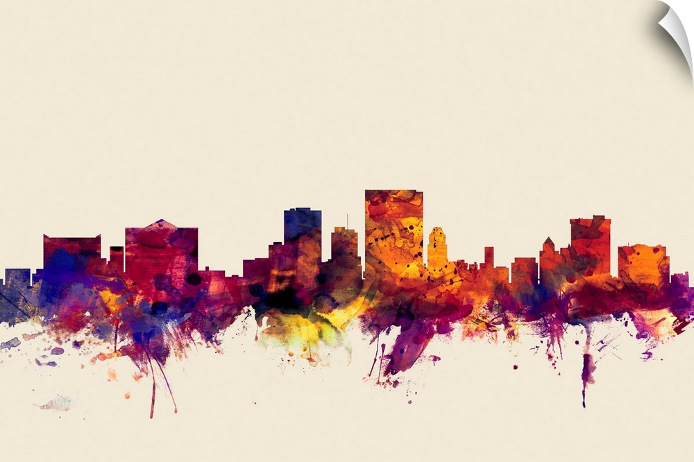 Contemporary artwork of the El Paso city skyline in watercolor paint splashes.