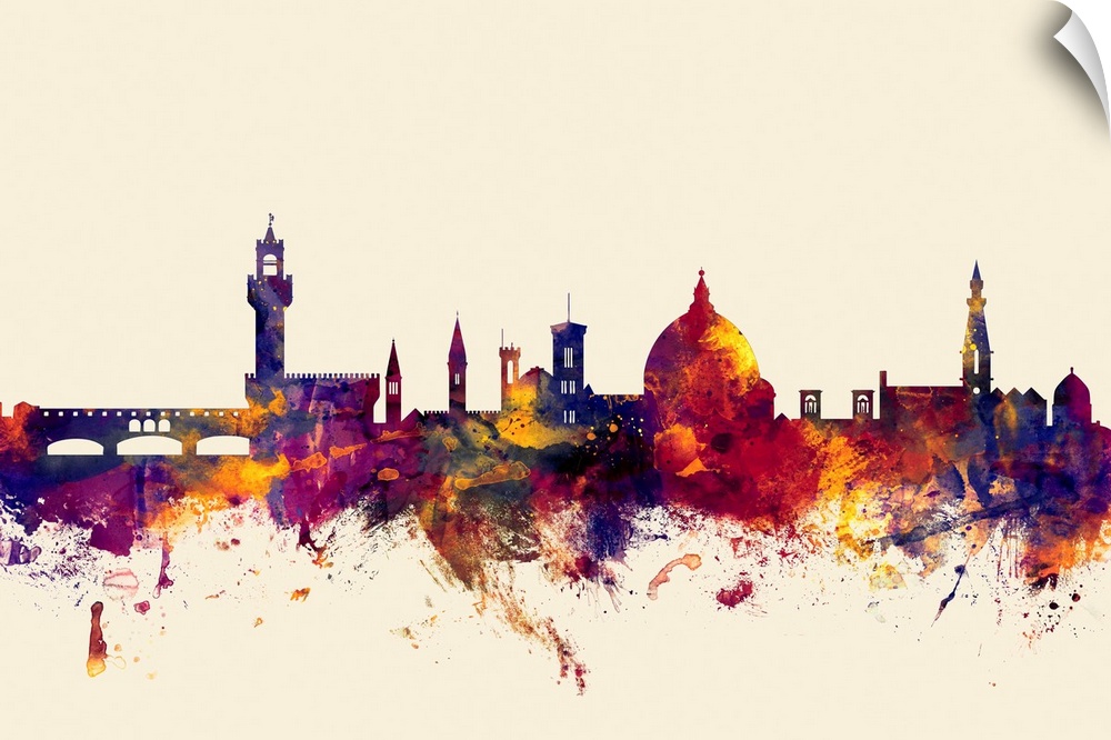 Contemporary artwork of the Florence city skyline in watercolor paint splashes.