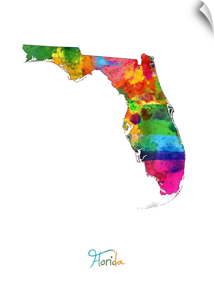 Contemporary artwork of a map of Florida made of colorful paint splashes.