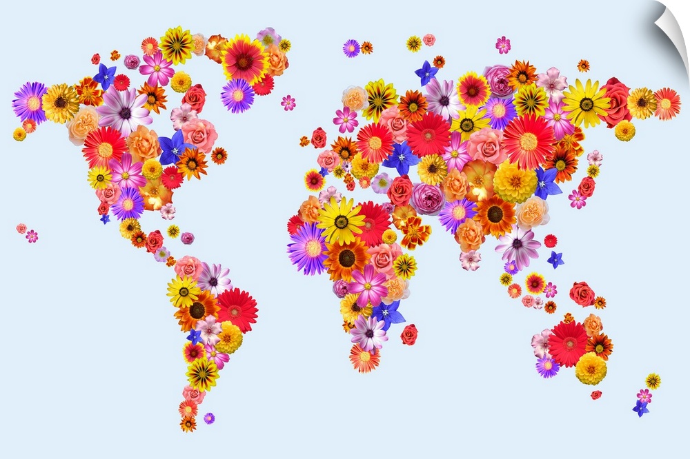 Map of the World made from flowers on a pale blue background. Some of the flowers used include roses, gerberas, daisies an...