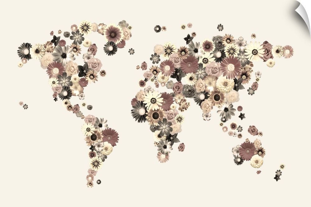 Map of the World made from flowers. Some of the flowers used include roses, gerberas, daisies and dahlias.
