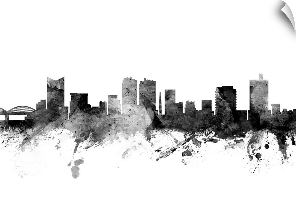 Contemporary artwork of the Fort Worth city skyline in black watercolor paint splashes.