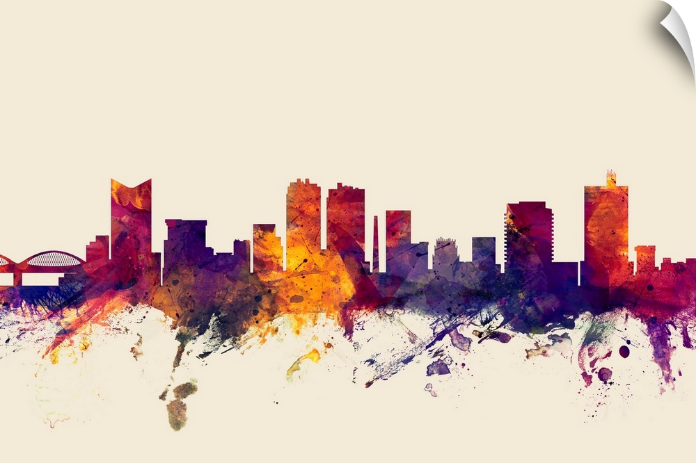 Contemporary artwork of the Fort Worth city skyline in watercolor paint splashes.