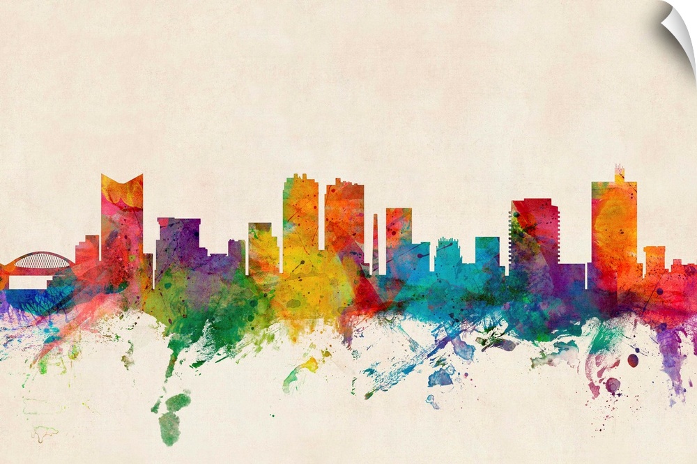 Contemporary piece of artwork of the Fort Worth skyline made of colorful paint splashes.