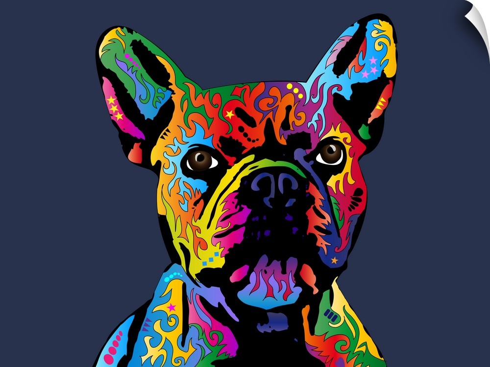 Contemporary artwork of a French Bulldog made up of a spectrum of bright colors.