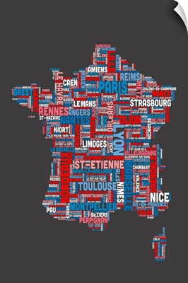 French Cities Text Map, French Colors on Grey