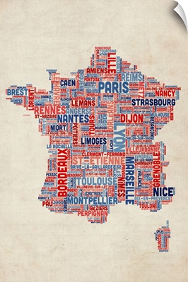 French Cities Text Map, French Colors on Parchment