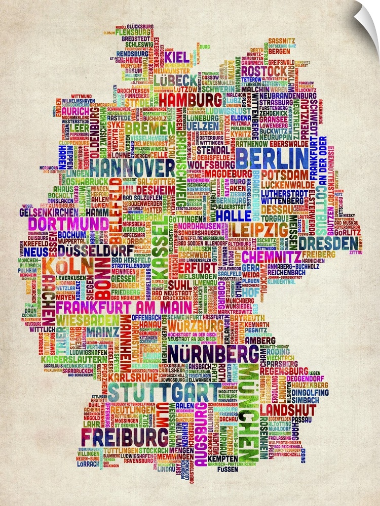 German Cities Text Map, Multicolor on Parchment