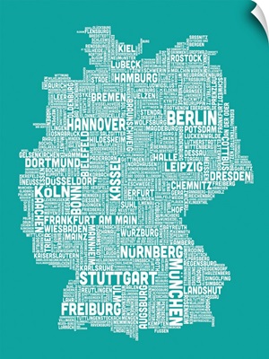 German Cities Text Map, Turquoise