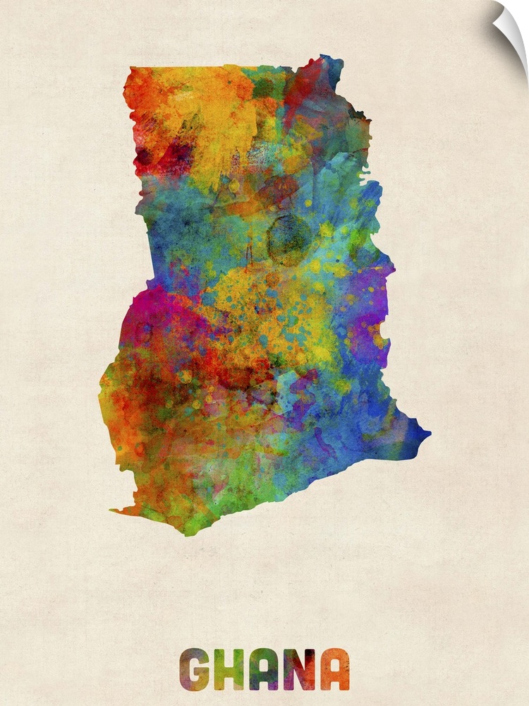 Colorful watercolor art map of Ghana against a distressed background.