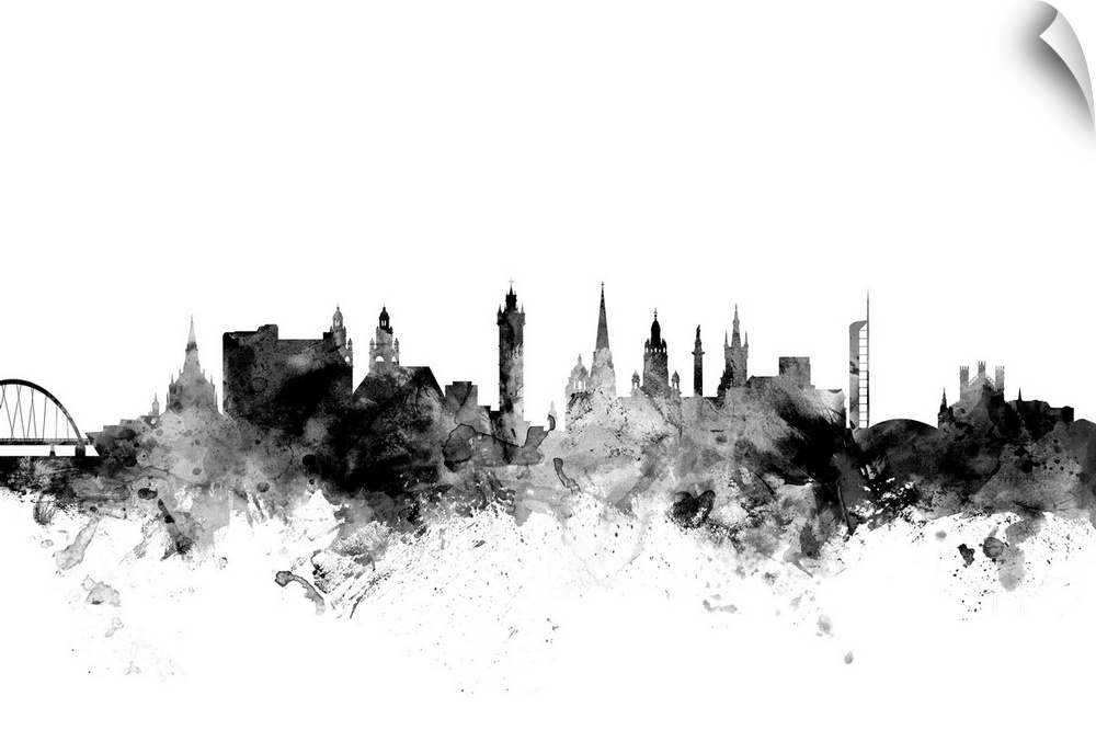 Contemporary artwork of the Glasgow city skyline in black watercolor paint splashes.