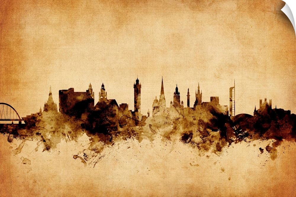 Contemporary artwork of the Glasgow city skyline in a vintage distressed look.