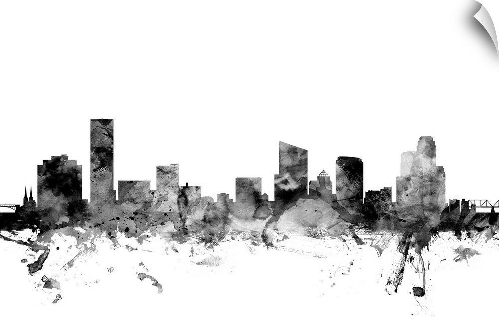 Contemporary artwork of the Grans Rapids city skyline in black watercolor paint splashes.