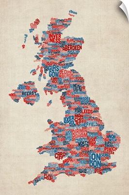 Great Britain UK City Text Map, Blue and Red