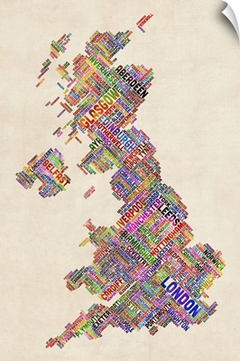 Great Britain UK City Text Map, Diagonal Text, Colorful