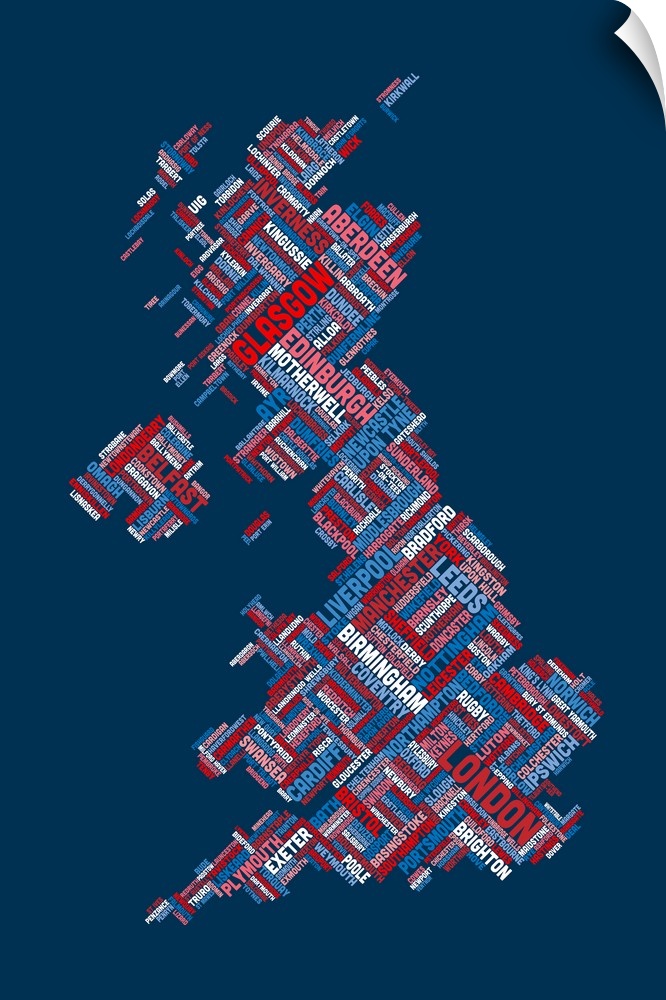 Great Britain UK City Text Map, Diagonal Text, Red White and Blue