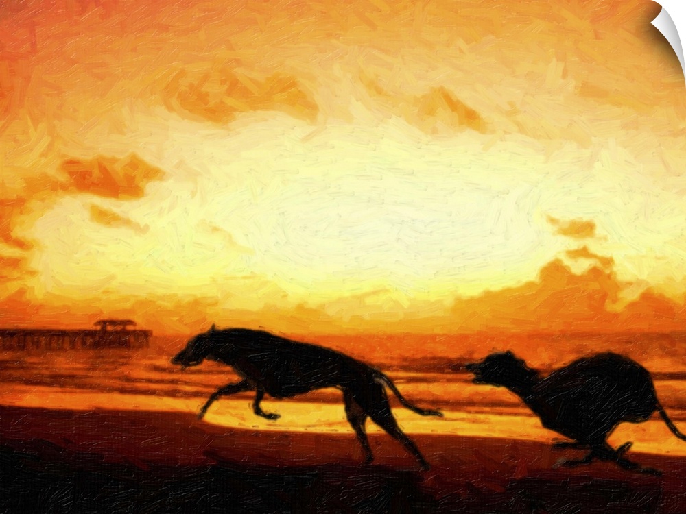 Greyhounds on Beach at Sunset, oil painting