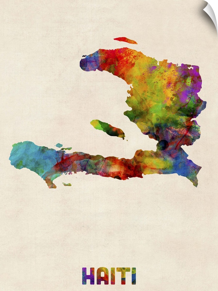 Colorful watercolor art map of Haiti against a distressed background.