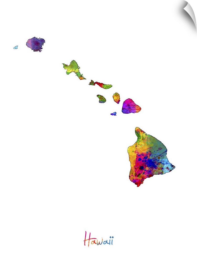 Contemporary artwork of a map of Hawaii made of colorful paint splashes.