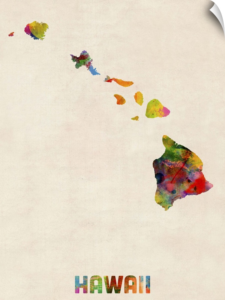 Contemporary piece of artwork of a map of Hawaii made up of watercolor splashes.