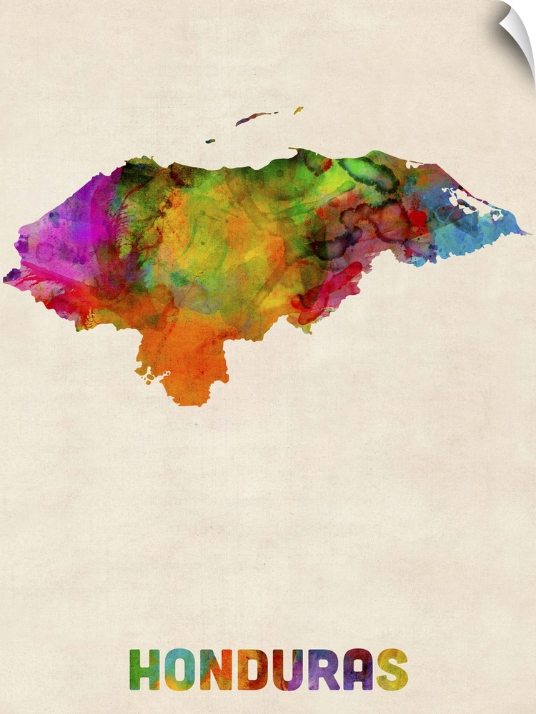 Watercolor art map of the country Honduras against a weathered beige background.