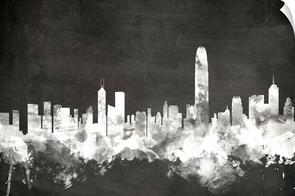 Smokey dark watercolor silhouette of the Hong Kong city skyline against chalkboard background.