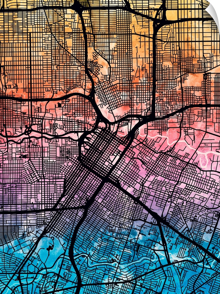 Contemporary watercolor city street map of Houston.