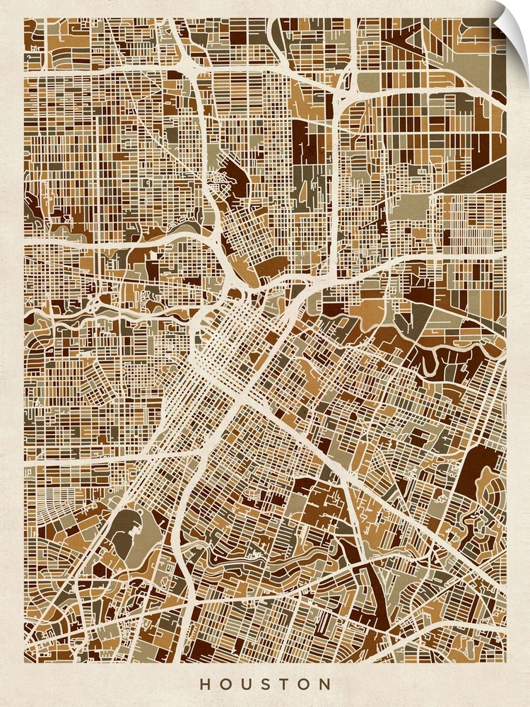 Brown toned city street map artwork of Houston.