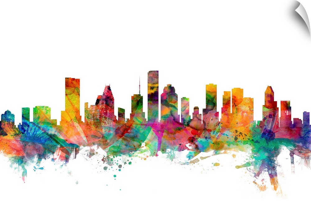 Watercolor artwork of the Houston skyline against a white background.