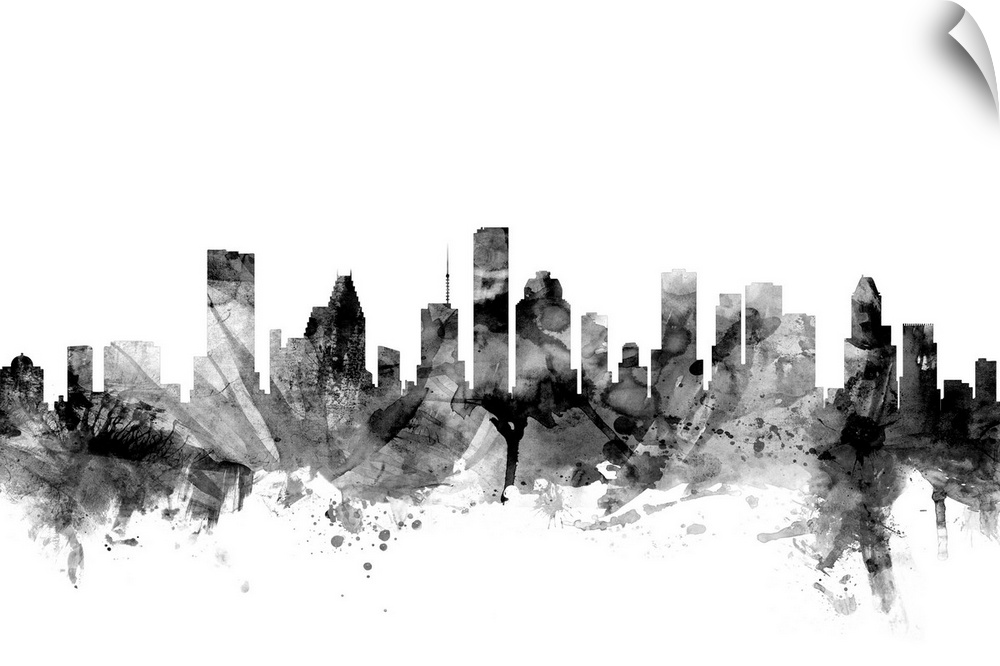 Contemporary artwork of the Houston city skyline in black watercolor paint splashes.
