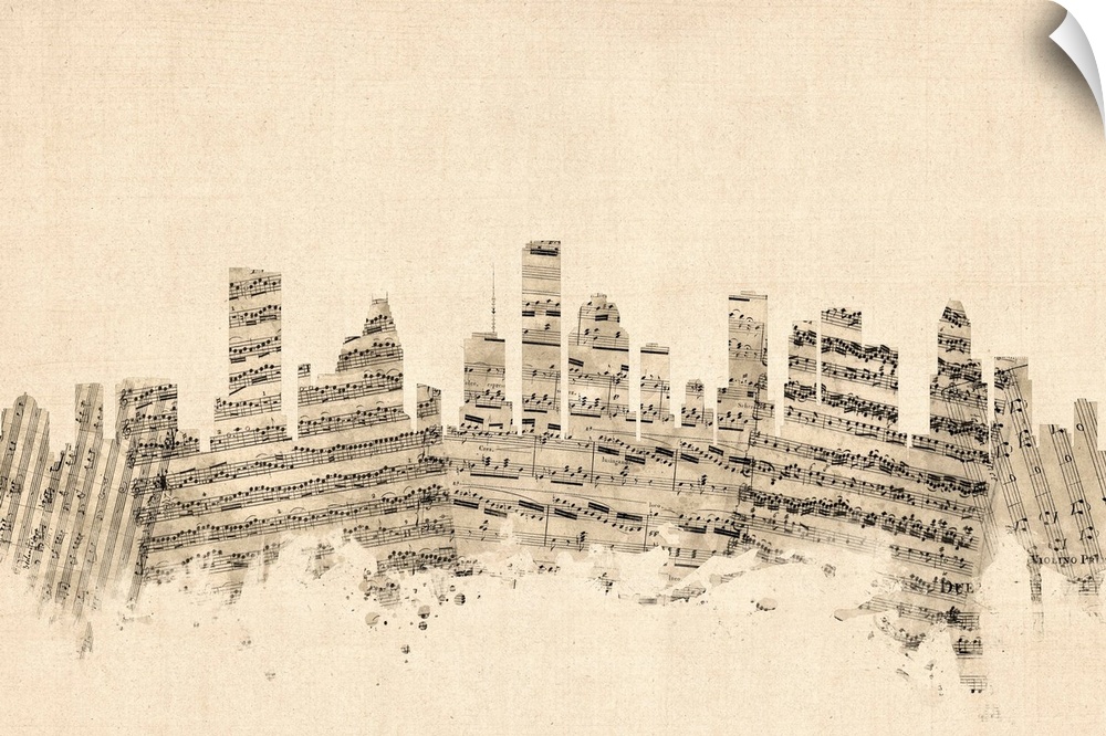 Houston skyline made of sheet music against a weathered beige background.
