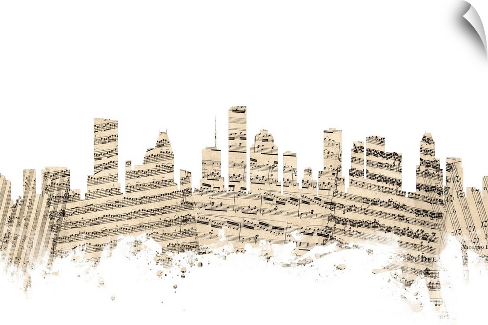 Houston skyline made of sheet music against a white background.