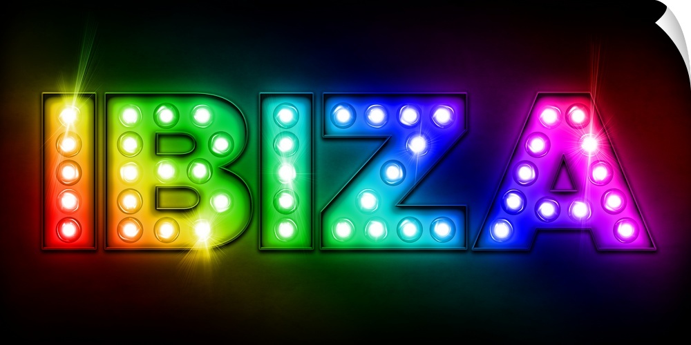 Ibiza billboard sign, with Ibiza written in the style of the old fashioned light bulb billboards, made popular on Broadway...
