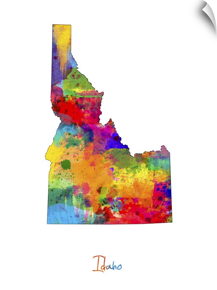Contemporary artwork of a map of Idaho made of colorful paint splashes.
