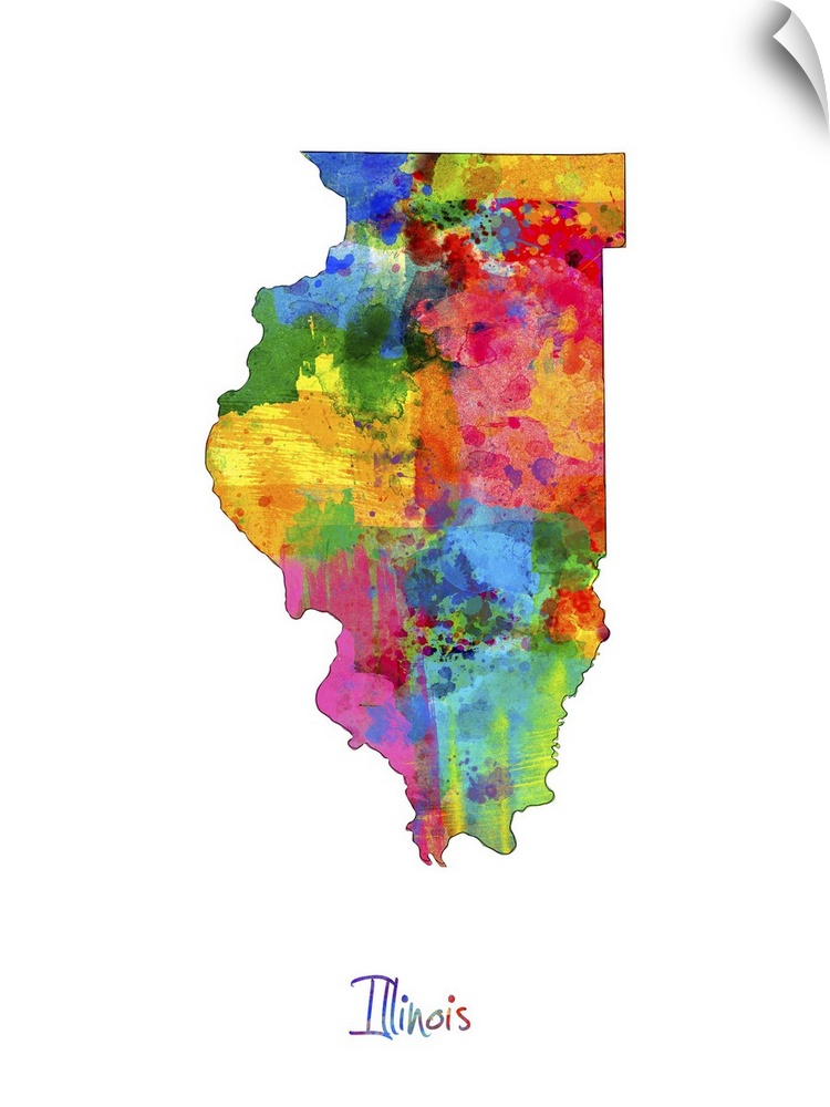 Contemporary artwork of a map of Illinois made of colorful paint splashes.