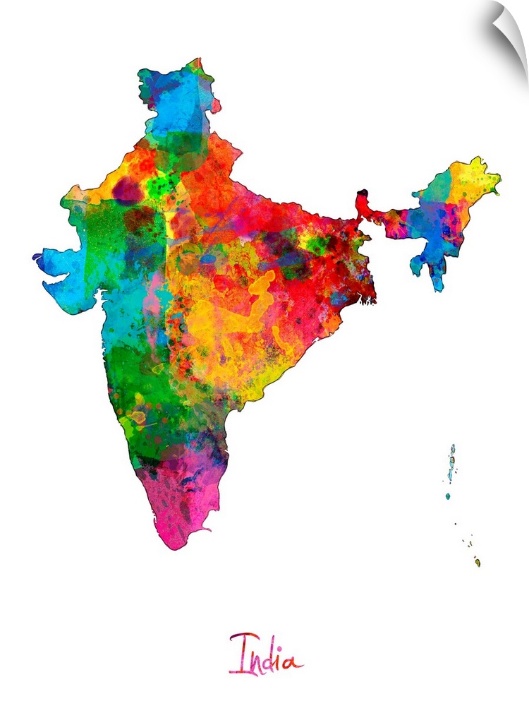 Watercolor art map of the country India against a white background.