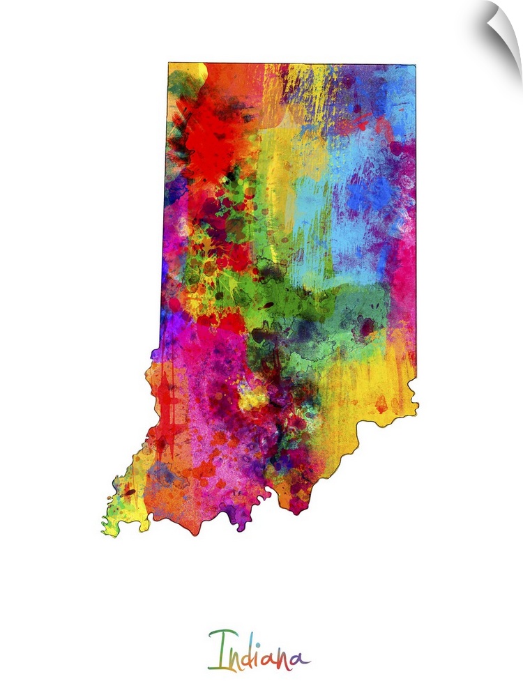 Contemporary artwork of a map of Indiana made of colorful paint splashes.