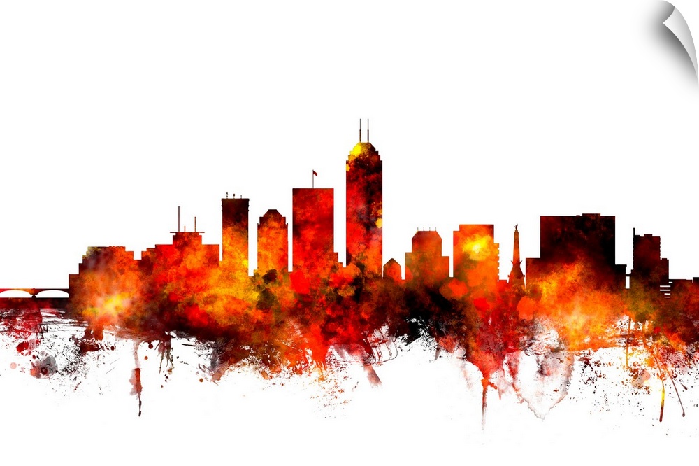 Contemporary piece of artwork of the Indianapolis skyline made of colorful paint splashes.