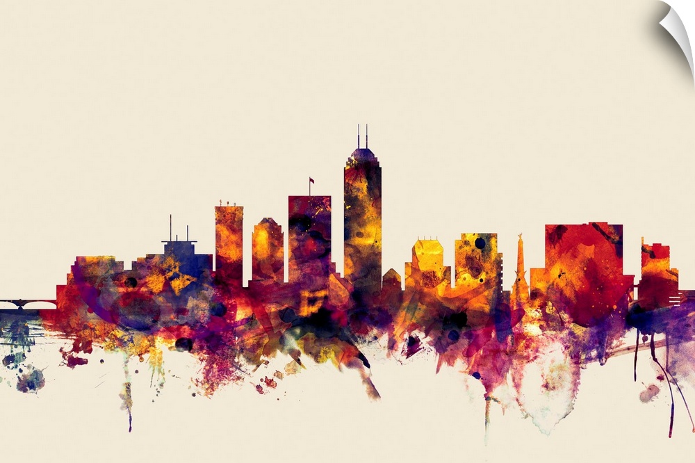 Contemporary artwork of the Indianapolis city skyline in watercolor paint splashes.